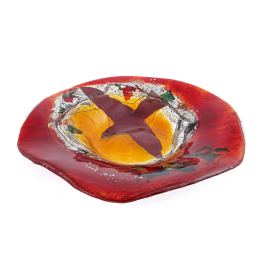 Decorative Round Platter, Handmade Fused Glass Centerpiece, Red Bird Design 35cm (13.8")