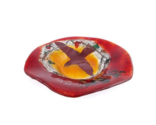 Decorative Round Platter, Handmade Fused Glass Centerpiece, Red Bird Design 35cm (13.8")