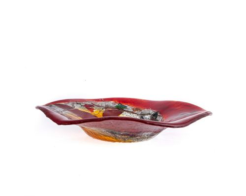 Decorative Round Platter, Handmade Fused Glass Centerpiece, Red Bird Design 35cm (13.8")