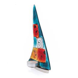 Tealight Candle Holder, Handmade Fused Glass Decorative Ornament, Sailboat Aqua Blue Design 24cm (9.4")