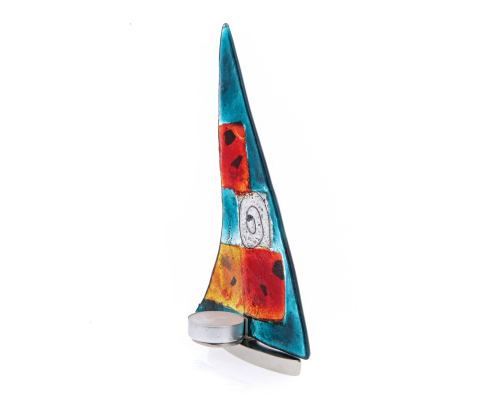 Tealight Candle Holder, Handmade Fused Glass Decorative Ornament, Sailboat Aqua Blue Design 24cm (9.4")