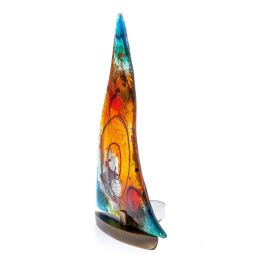 Tealight Candle Holder, Handmade Fused Glass Decorative Ornament, Sailboat Orange Green Design 24cm (9.4")