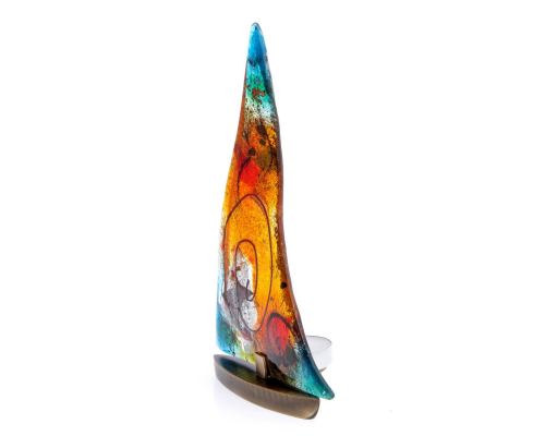 Tealight Candle Holder, Handmade Fused Glass Decorative Ornament, Sailboat Orange Green Design 24cm (9.4")