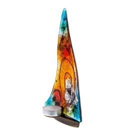 Tealight Candle Holder, Handmade Fused Glass Decorative Ornament, Sailboat Orange Green Design 24cm (9.4")