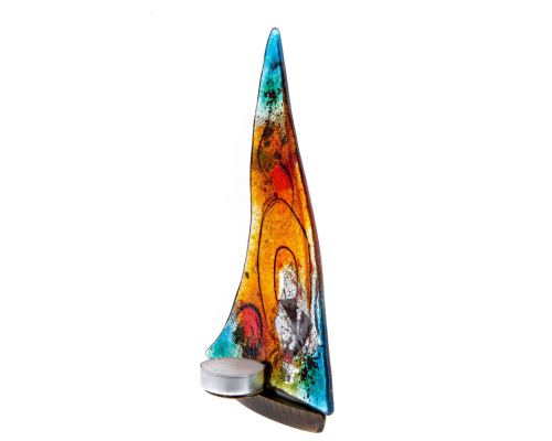 Tealight Candle Holder, Handmade Fused Glass Decorative Ornament, Sailboat Orange Green Design 24cm (9.4")