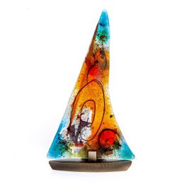 Tealight Candle Holder, Handmade Fused Glass Decorative Ornament, Sailboat Orange Green Design 24cm (9.4")