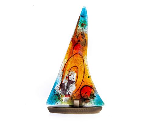 Tealight Candle Holder, Handmade Fused Glass Decorative Ornament, Sailboat Orange Green Design 24cm (9.4")