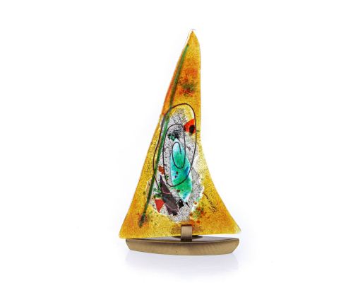 Tealight Candle Holder, Handmade Fused Glass Decorative Ornament, Sailboat Orange Design 24cm (9.4")