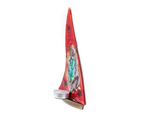 Tealight Candle Holder, Handmade Fused Glass Decorative Ornament, Sailboat Red Design 24cm (9.4")