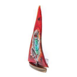Tealight Candle Holder, Handmade Fused Glass Decorative Ornament, Sailboat Red Design 24cm (9.4")