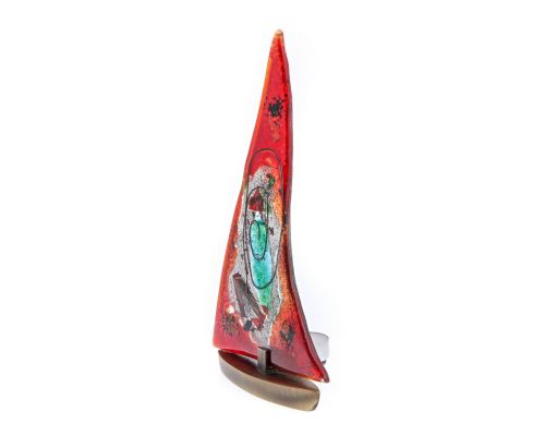 Tealight Candle Holder, Handmade Fused Glass Decorative Ornament, Sailboat Red Design 24cm (9.4")