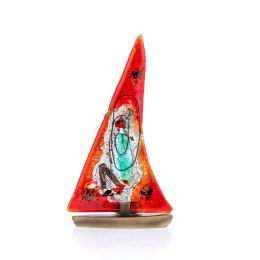 Tealight Candle Holder, Handmade Fused Glass Decorative Ornament, Sailboat Red Design 24cm (9.4")