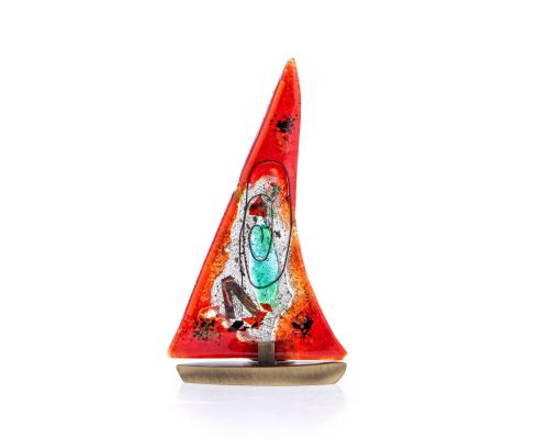 Tealight Candle Holder, Handmade Fused Glass Decorative Ornament, Sailboat Red Design 24cm (9.4")