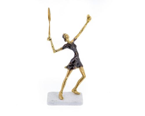 "Tennis Player" Metal Sculpture - Handmade Bronze on Marble Base - Female Figure Ornament