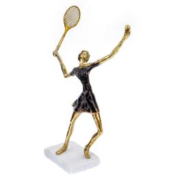 "Tennis Player" Metal Sculpture - Handmade Bronze on Marble Base - Female Figure Ornament