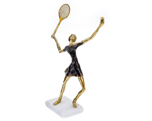 "Tennis Player" Metal Sculpture - Handmade Bronze on Marble Base - Female Figure Ornament