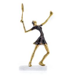 "Tennis Player" Metal Sculpture - Handmade Bronze on Marble Base - Female Figure Ornament