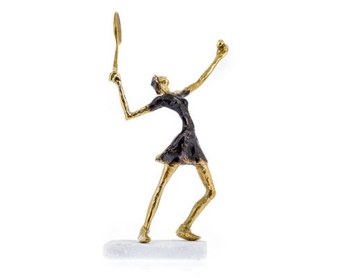 "Tennis Player" Metal Sculpture - Handmade Bronze on Marble Base - Female Figure Ornament