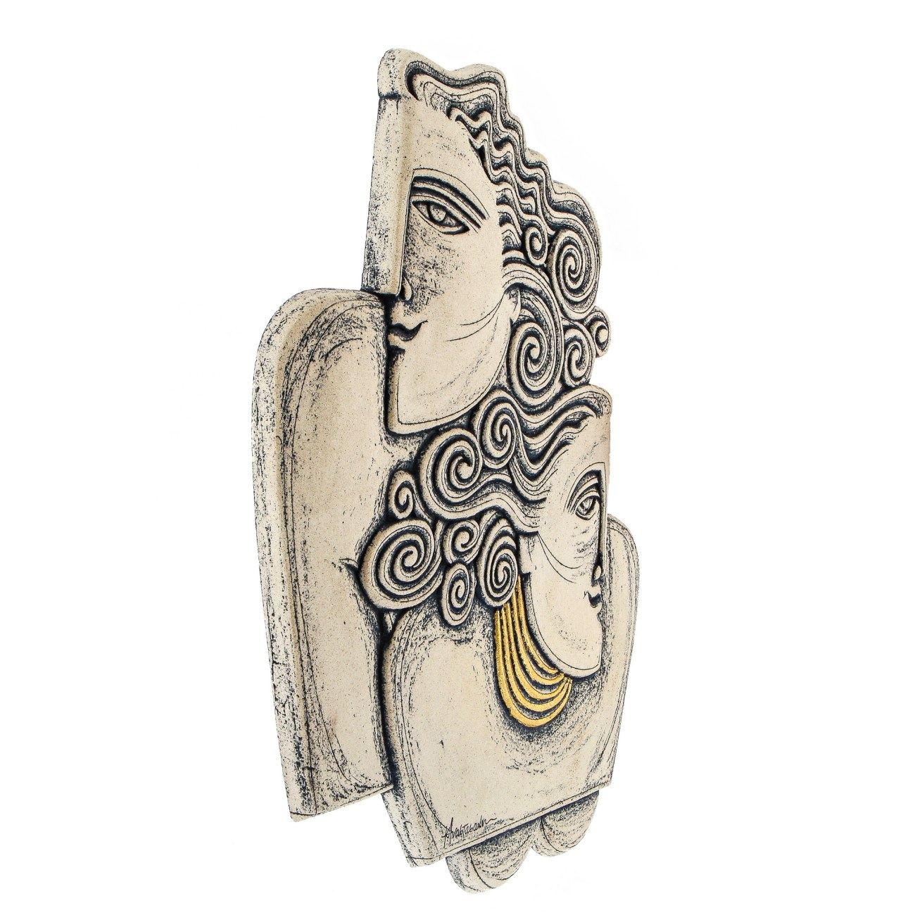 Couple Figurines Ceramic Handmade Sculpture Wall Art Decor Archaic