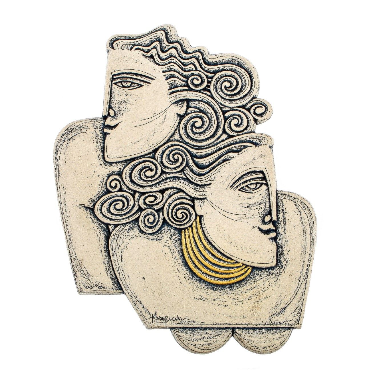 Couple Figurines Ceramic Handmade Sculpture Wall Art Decor Archaic