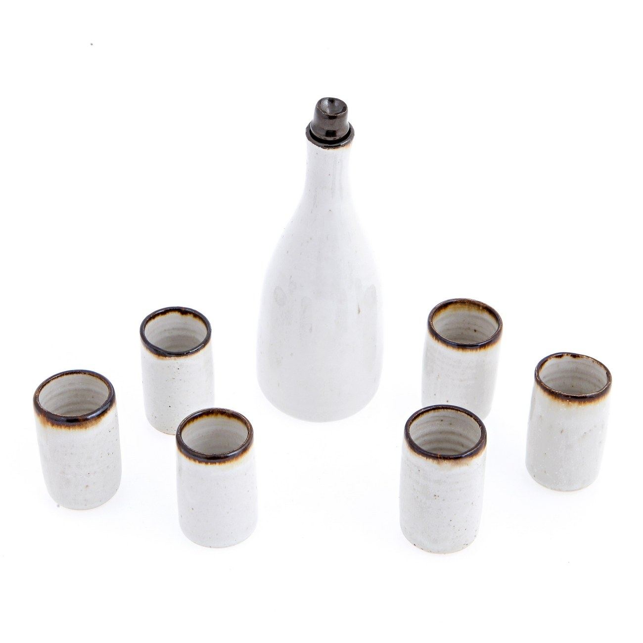 Modern Handmade Ceramic Drink Serving Set. Liquor Decanter & Cups (7